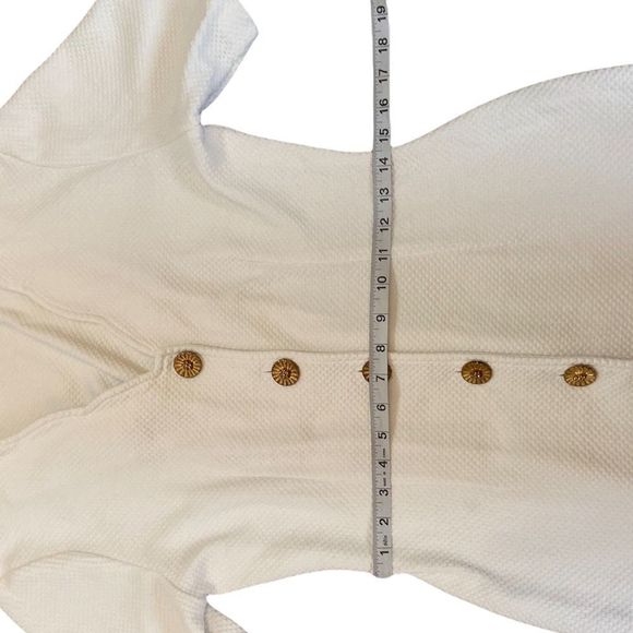 White Waffle Short Sleeve Gold Button V Neck Mini Dress - Picture 6 of 7